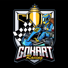 Kart sport racing, blue color with a woman driver, gold trophy from side view logo cartoon illustration for poster, t-shirt print, business element, social media content, blog, sticker, vlog, and card