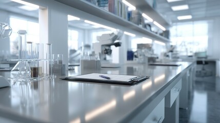 Modern laboratory workspace with scientific equipment and paperwork.