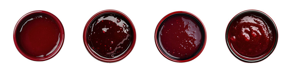 Set of small round bowls filled with a dark reddish purple, smooth liquid food preparation. isolated on transparent background