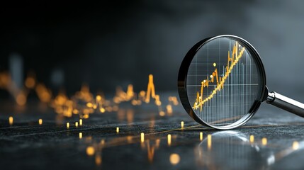 Magnified financial data chart reveals upward trend.