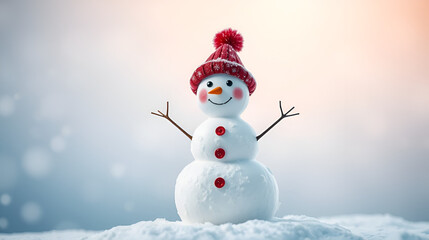 Festive snowman with a jolly hat, standing alone against a crisp background, perfect for capturing the joyful mood of winter and Christmas.