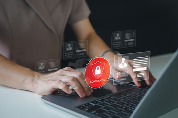 Employee confidentiality concept. Person use laptop with virtual padlock icon with confidential word to access documents data and cyber security for managing corporate files and employee information. 