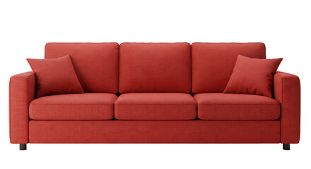 A vibrant red three seater sofa with matching pillows against a dark background showing the furniture
