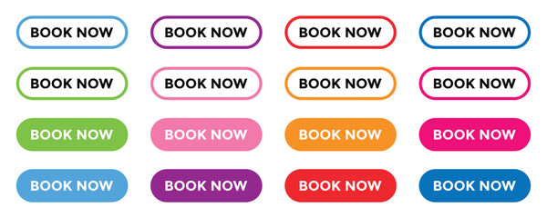 Fototapeta premium Modern Red 'Book Now' Button Set with Liner Icons ,Vector Collection.