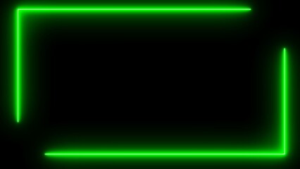 Green line neon sign. Green line frame. Rectangle border. Line art. Neon. Isolated on black background. Animated corner line. Elegance and sophistication. For photos, invitations, or art. Copy space.	