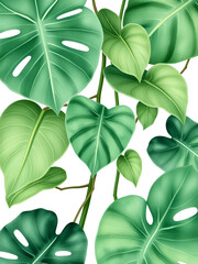 Obraz premium Epipremnum liana vine plant watercolor illustration isolated on white. Realistic tropical leaves clipart