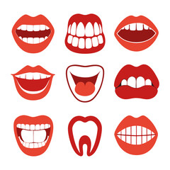 Nine smiling mouths and one tooth arranged