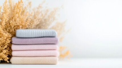 Soft, pastel-colored sweaters stacked neatly, beside dried pampas grass