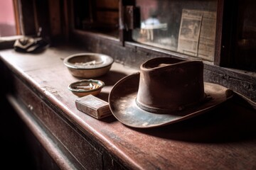 cowboy gear arrangement - leather hat, pack of cigarettes and ceramic ashtray on a weathered bar counter, soft light filtering through swinging saloon doors to a village street