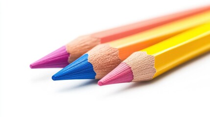 Three vibrant colored pencils in pink, blue, and orange, arranged creatively on a white background, perfect for art, education, and stationery themes.