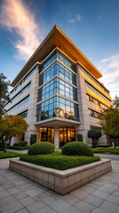 Fototapeta premium Modern office building at sunset, surrounded by landscaping