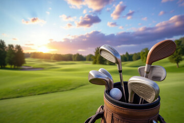 golf bag full of golf clubs on a golf course