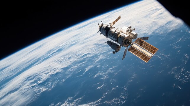 A breathtaking view of a spacecraft orbiting Earth, showcasing the planet's blue surface and cloudy atmosphere. This image captures the essence of space exploration. - Powered by Adobe