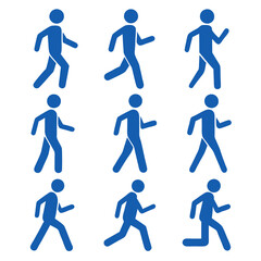 Blue stick figure walking running icons on white background