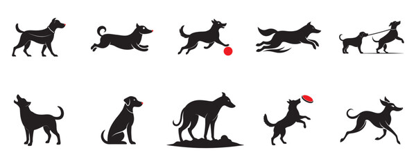 Dog Activities Silhouette Vector Set Running, Playing, Jumping, Digging on White Background