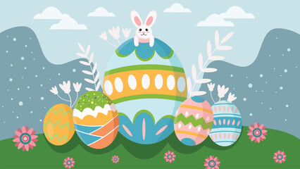 Easter with Egg and Rabbit Vector Background