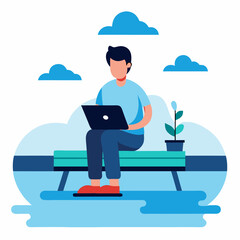 Freelancer Sitting on Dock Over Water with Laptop Vector Silhouette on White Background