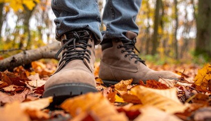  紅葉の森で落ち葉の上に立つブーツの足元ショット