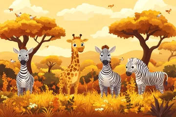 Savannah animals, autumn landscape, children's book illustration