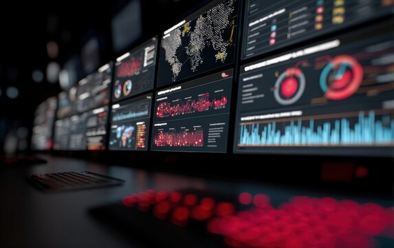 High-tech security operations dashboard displaying potential intrusion alerts with automated response protocols activating, designed for advanced threat monitoring and cybersecurity defense