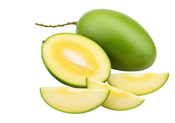 Green mango with slices and half cut mango isolated on transparent background