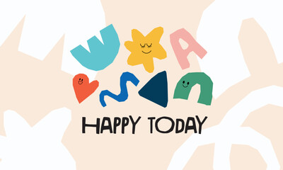 Happy Children, Trendy design with organic abstract elements, hand-painted children's illustrations, and nature in vibrant colors. Modern cute style. Vertical poster or greeting card.