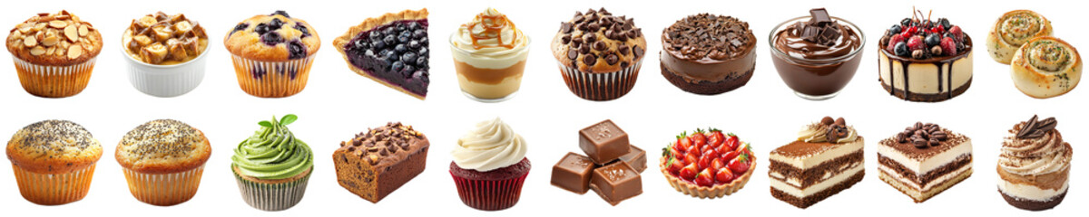 Assorted Sweet Treats from a Bakery Display Featuring Cupcakes, Pastries, Chocolate Delights, and Fresh Berries Ideal for Dessert Lovers and Special Occasions. Piquant food set.