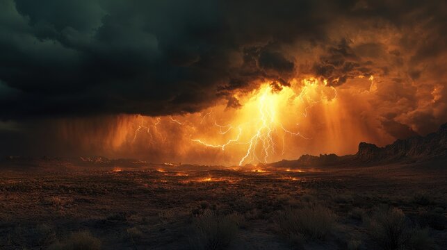 A dramatic landscape of intense storm.  Fierce lightning illuminates a volcanic wasteland - Powered by Adobe