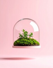 Fototapeta premium 淡いピンクの背景に浮かぶガラスドームの中の小さな苔テラリウム