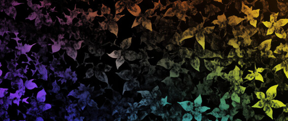 Vibrant gradient background featuring blend of colors from purple to orange, adorned with delicate leaf patterns, creating visually striking and artistic effect