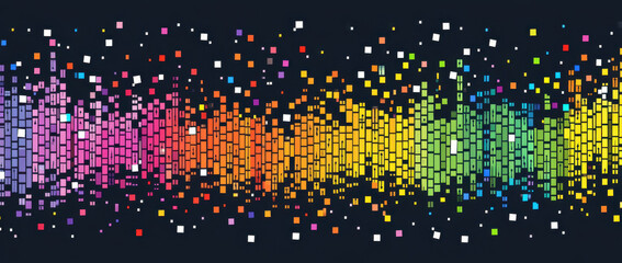 Colorful gradient pattern with vibrant squares and rectangles on black background, creating dynamic visual effect that evokes energy and creativity