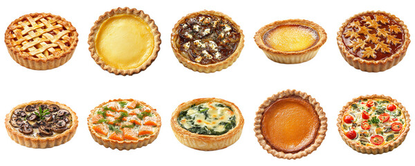 Assorted Tarts Collection with Unique Flavors Including Pumpkin, Mushroom, Spinach, and Traditional Fruit Varieties on White Background. Piquant food set.