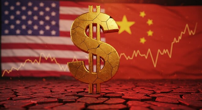 A large cracked golden dollar sign ($) standing on a fragmented surface with deep red cracks, in the background a blended image of the American flag and Chinese flag with a declining financial chart