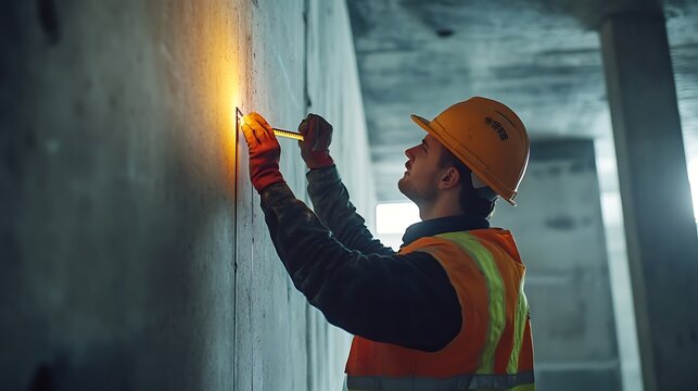 Construction Worker Measuring Wall with Tape Measure