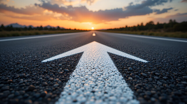 Low angle photography captures a white arrow on an asphalt road during sunset, showcasing the straight ahead concept, path to success