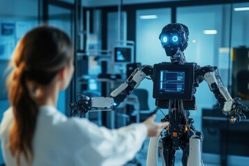 Rehabilitation robot guiding a patient through recovery exercises with progress metrics and biomechanical analysis display, captured in a physical therapy setting with clinical diffused lighting