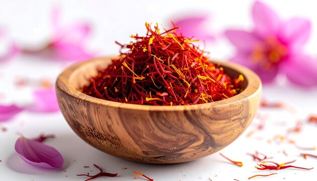Saffron Threads in Wood Bowl with Pink Flowers