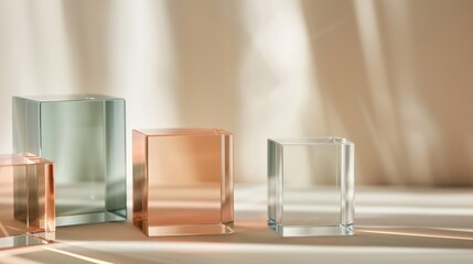A serene arrangement of glass cubes in varying colors, casting soft shadows, creating an elegant interplay of light and reflections.