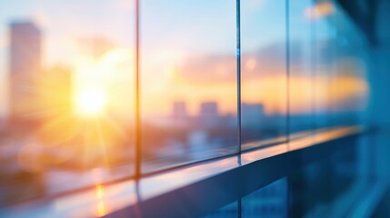 Fototapeta premium A blurred view shows a modern glass building reflecting a vibrant sunrise, with warm colors illuminating the scene.