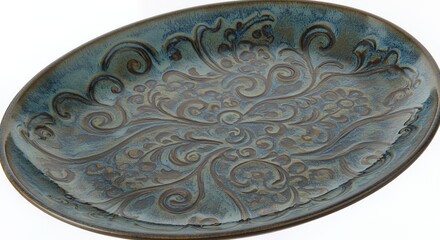 Elegant Teal Ceramic Serving Platter with Intricate Embossed Design
