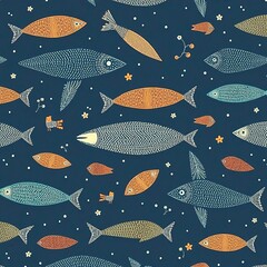 Seamless Pattern of Colorful Fish and Floral Elements on Dark Blue Background