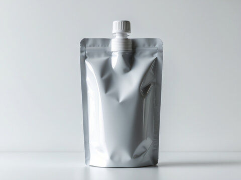 Single, empty silver laminated spout pouch standing upright on a reflective surface. Packaging mockup.