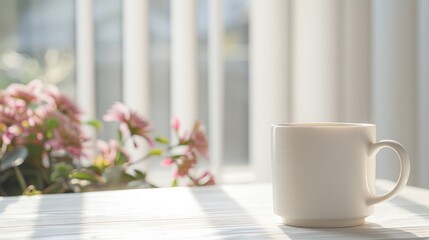 Obraz premium A serene white cup rests on a table, surrounded by soft sunlight and blooming flowers, creating a calm atmosphere.