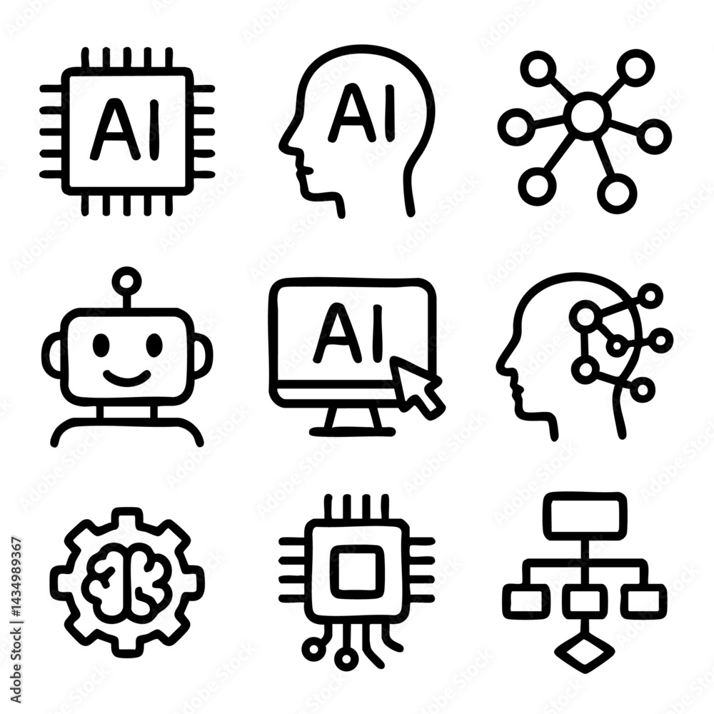 Fototapete set cute doodle icons representing artificial intelligence, machine learning, robotics, neural netwo
