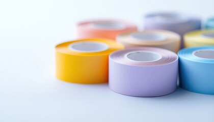 A collection of colorful adhesive tape rolls arranged neatly on a light background, showcasing various pastel shades.