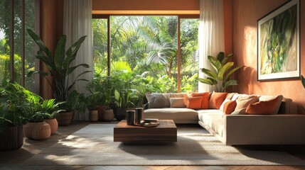 serene indoor oasis a tropical haven blending nature and modern living with lush greenery streaming through expansive windows into a calming interior
