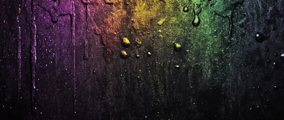 Colorful black background with gradient rainbow effect, featuring droplets of water creating vibrant and dynamic visual. interplay of colors evokes sense of freshness and creativity