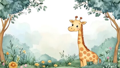 Watercolor giraffe frame border.