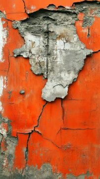 Bright orange textured wall showing layered plasterwork with cracks and peeling paint on a concrete structure
