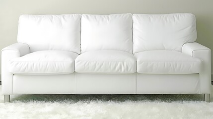 Minimalist white leather sofa arrangement amidst a fluffy white carpet setting